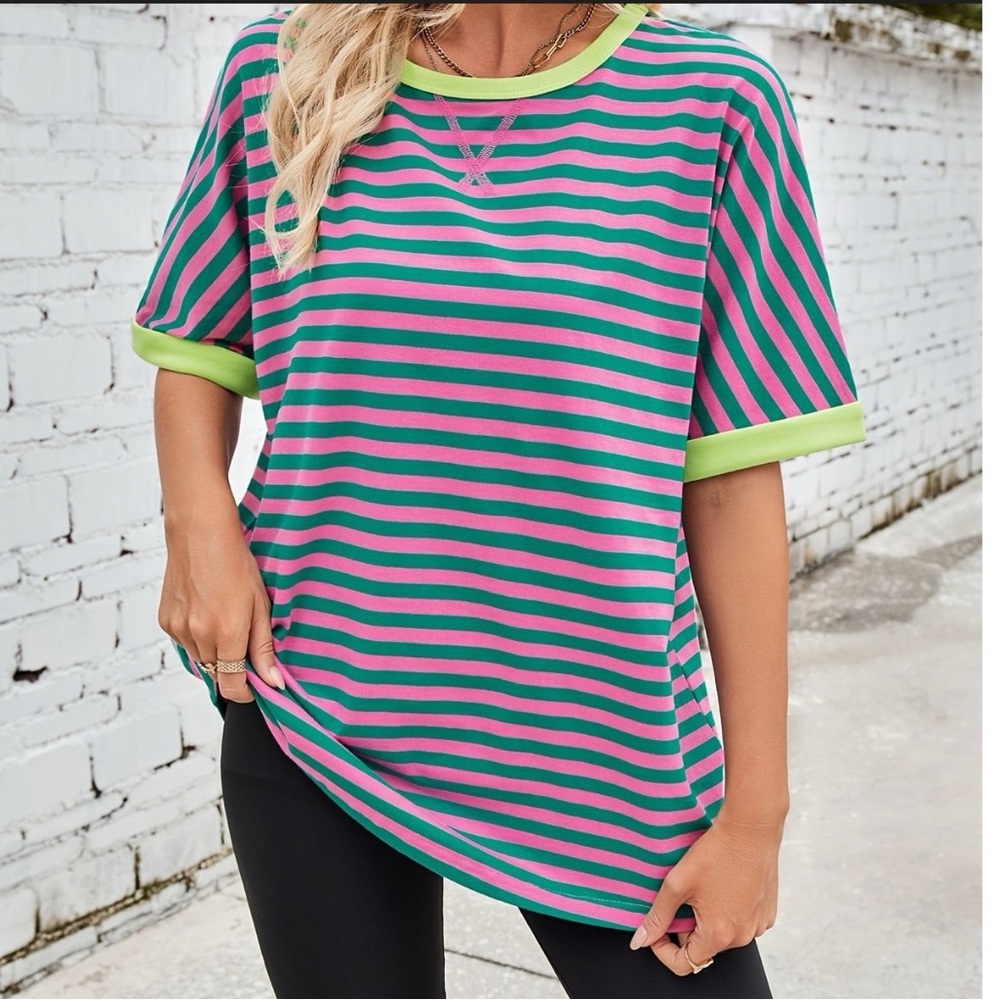 Striped Shirt in Pink and Teal with Neon Yellow Trim Size Medium